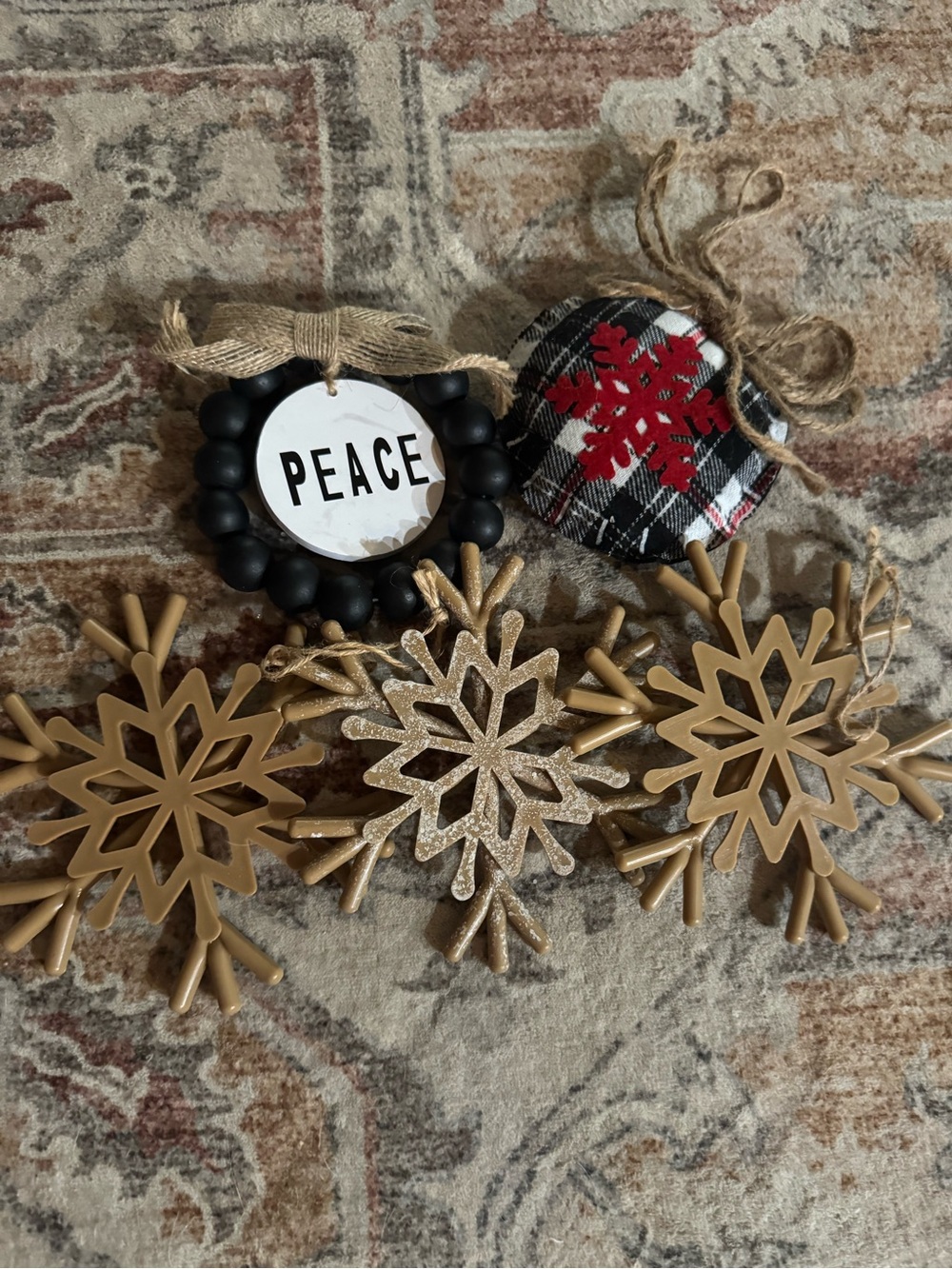 Gold Snowflake Holiday Ornaments Lot and Rounds Ornament w/Black 'Peace' Accent